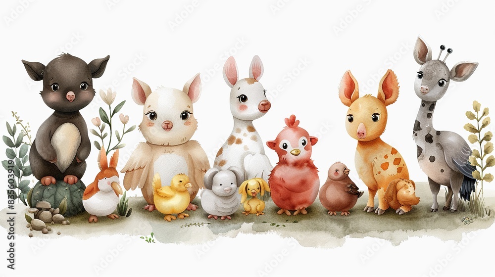 Naklejka premium A group of cute watercolor animals including a pig, a rabbit, a chicken, a guinea pig, a deer, and a giraffe.