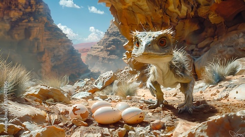 adorable young Oviraptor stealing eggs from another dinosaur's nest in a rocky desert depicted in a poster photo