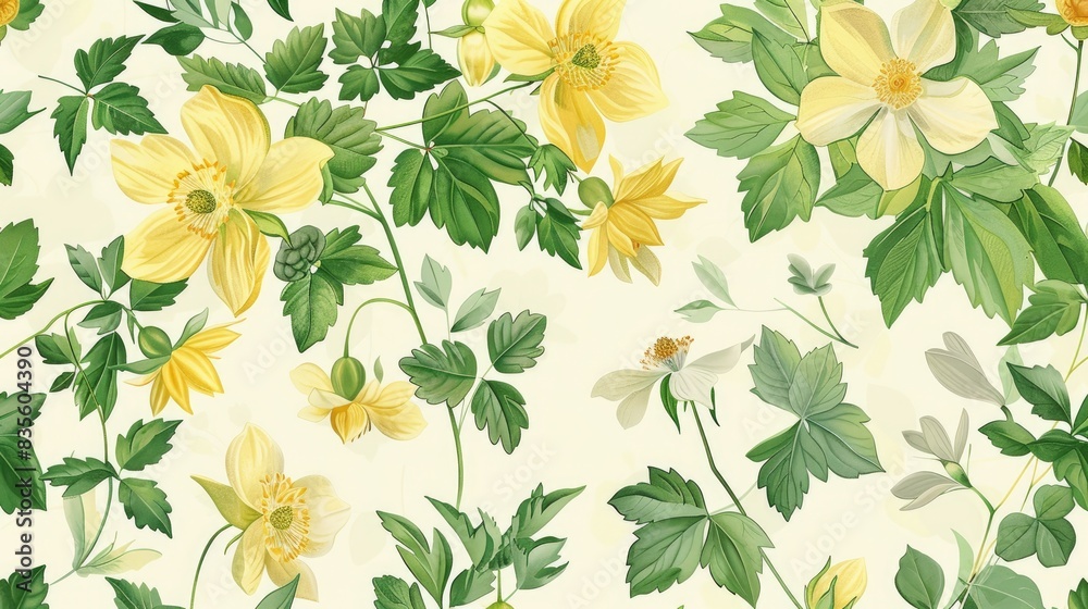 Aquilegia flowers primrose and green leaves in a spring floral design for fabric wallpaper and decoration Aquilegia flowers primrose and green leaves in a spring floral design for fabric wallpaper and decoration