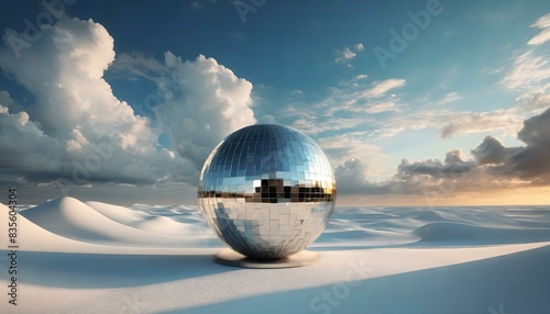 A 3D render of an abstract modern minimal background with white clouds  a chrome metallic