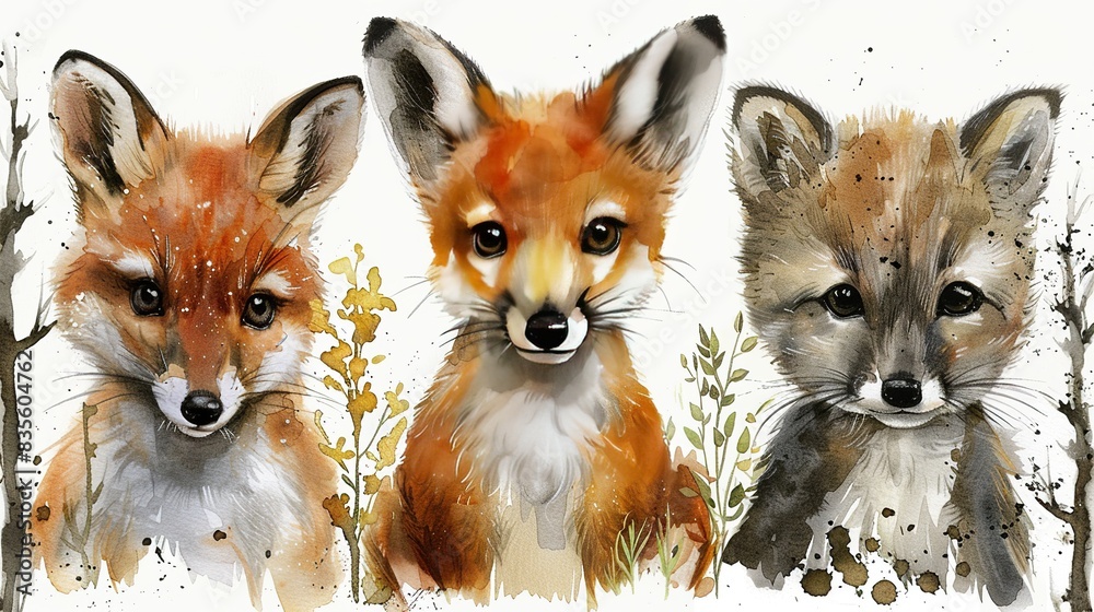 Obraz premium Three watercolor baby foxes with white background