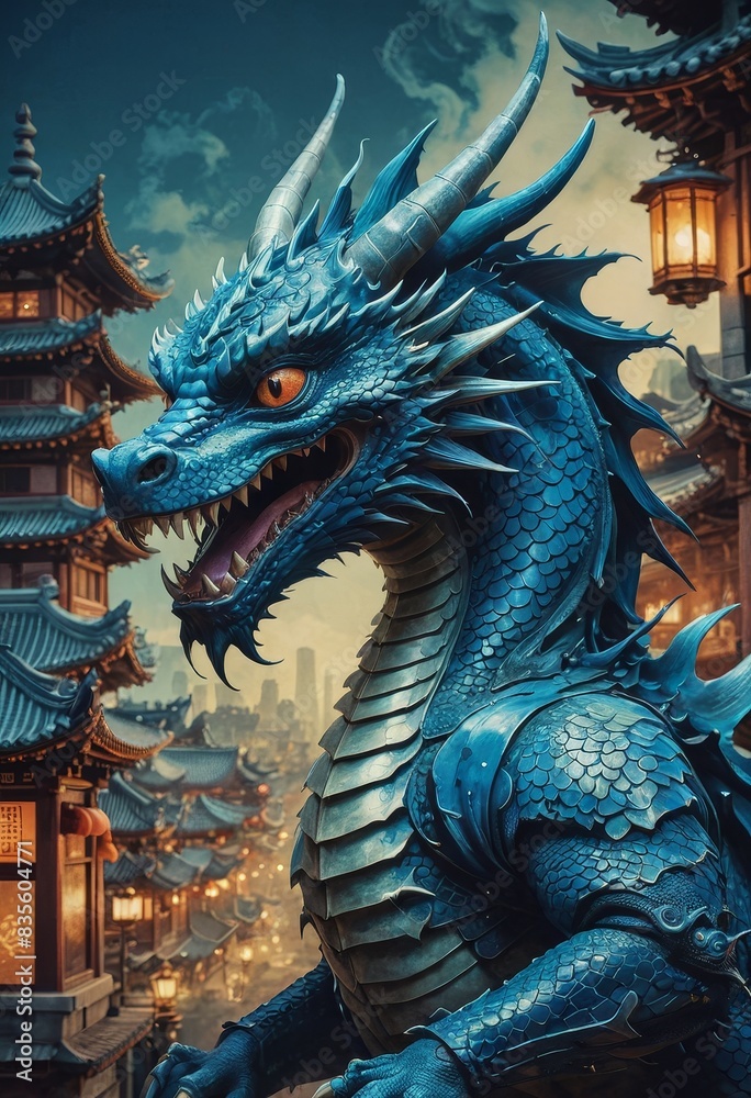 Fototapeta premium Blue Dragon in Asian City