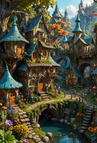 Enchanting Fairy Tale Village by the Stream © BOJOShop