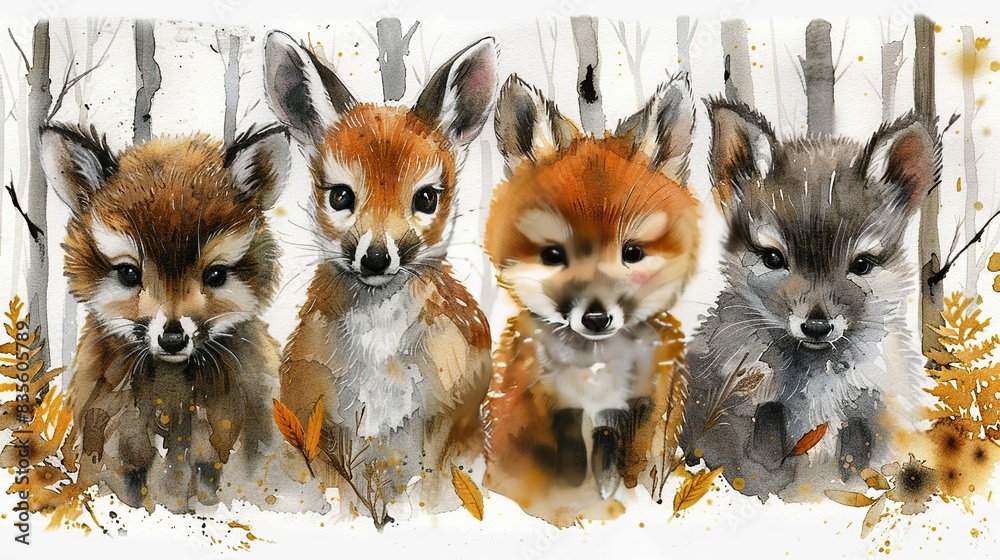 Four cute watercolor baby animals in the woods with a white background Four cute watercolor baby animals in the woods with a white background