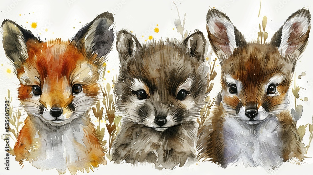 Fototapeta premium Watercolor painting of three cute baby animals: a fox, a wolf, and a rabbit.