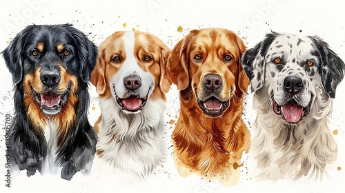 Set of four watercolor dog portraits. Golden Retriever, Bernese Mountain Dog, English Springer Spaniel and Gordon Setter.