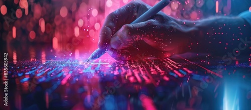 A business professional using an interactive digital table to brush up on their skills in AI and machine learning, with holographic data visualizations floating above the surface of his hands.  photo