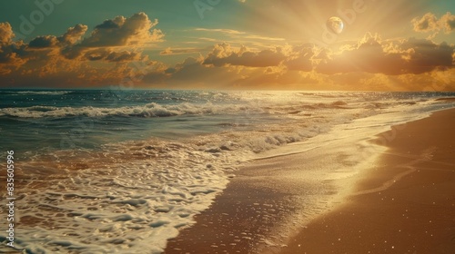 Beautiful beach with the moon shining in the sky  waves gently lapping at the golden sand 