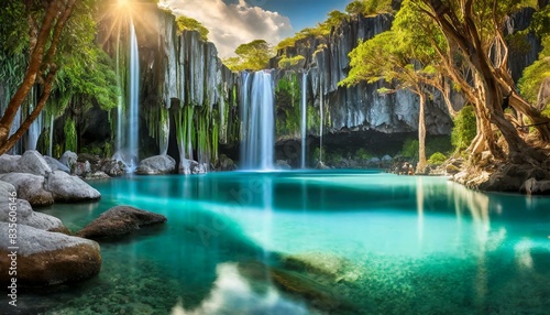 a blue lagoon with a waterfall flowing into it