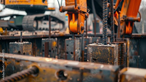 Mobile cranes are lifting and placing the steel posts into the holes carefully adjusting and securing them into position. photo