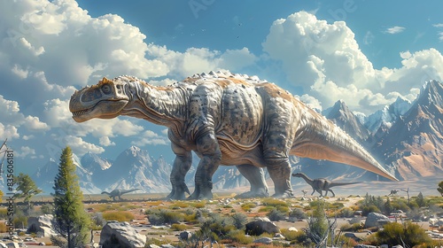 adult Camarasaurus grazing peacefully in a large open field with mountains in the background and other dinosaurs nearby
