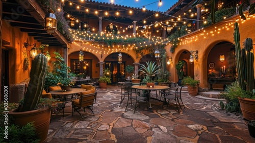 Beautiful Spanish style courtyard with lanterns and cacti at night  warm orange lighting  with large 