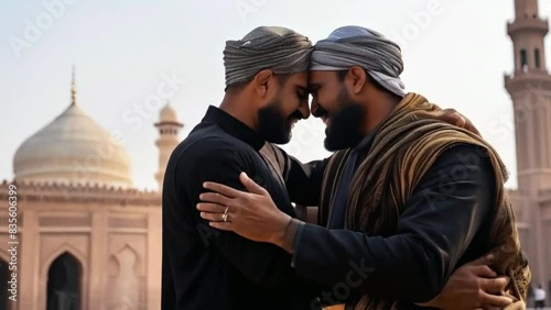 a man and man hugging each other in front of a mosque trending photo, hurufiyya, image of the day, arabian art, islam, fadeev, two men hugging, by Ram Chandra Shukla, viral photo
