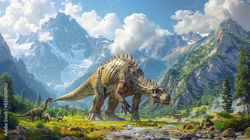 adult Diplodocus walking majestically through a valley with mountains in the distance and other dinosaurs nearby