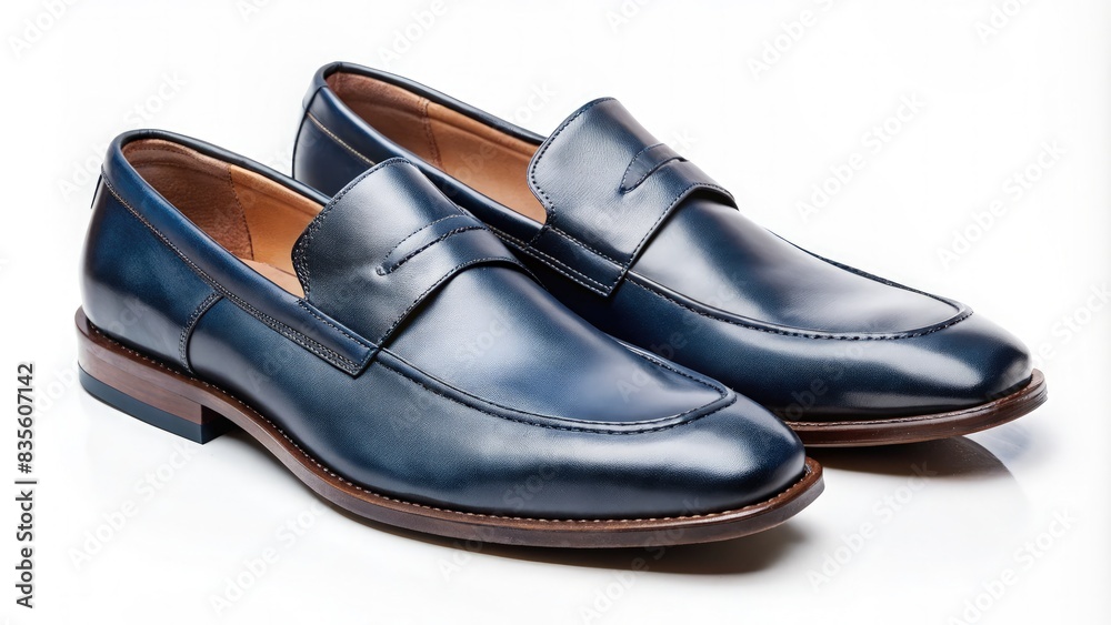 Dark Blue Leather Penny Loafers on White Background. Generative AI Dark Blue Leather Penny Loafers on White Background. Generative AI