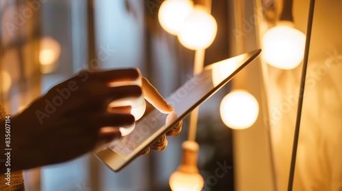 Smart lighting system being adjusted from a tablet, close-up of hands and screen, warm indoor light.