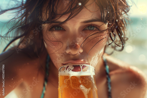woman in a bikini drinking a glass of beer at the beach