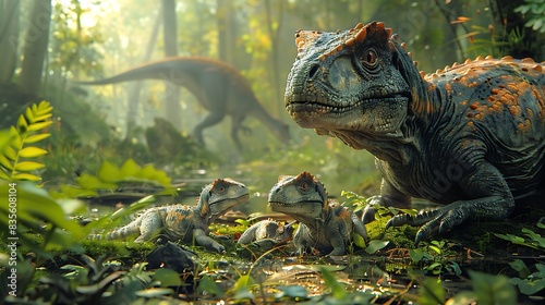 adult Maiasaura caring for its hatchlings in a nesting ground with tall grass all around and other dinosaurs nearby