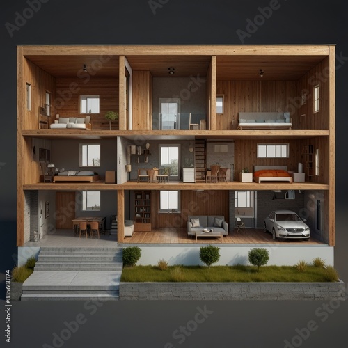 Modern home cross section, 3d rendering minimalist © De Lune Studio