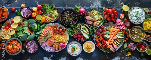 Gourmet spread of assorted dishes, vibrant colors, fresh ingredients, artistic presentation, mouthwatering appeal, culinary delight