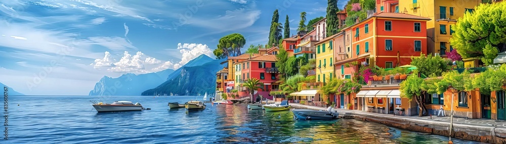 Obraz premium Picturesque coastal village with colorful houses, serene ocean view, cobblestone streets, boats in the harbor, charming and inviting travel destination