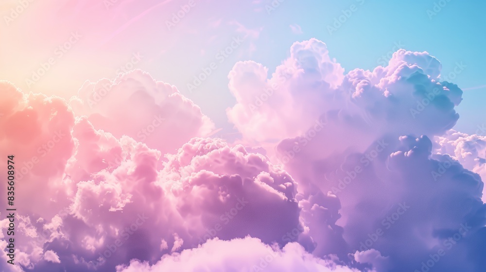 Pastel holographic gradient clouds against a soft pink sky Pastel holographic gradient clouds against a soft pink sky