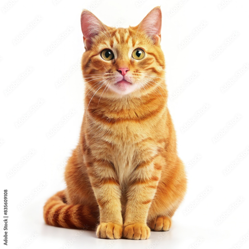 A Smiling Orange Tabby Cat Sitting on a White Background. Generative AI A Smiling Orange Tabby Cat Sitting on a White Background. Generative AI