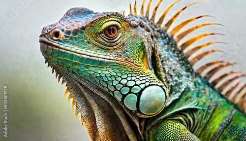 A close up portrait of a Green iguana  Iguana iguana  on a white background  Limon province