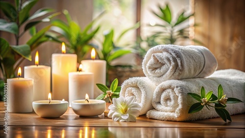Luxurious Spa Setting With Rolled Towels and Candles. Generative AI