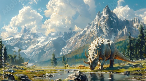 adult Pentaceratops grazing peacefully in a large open field with mountains in the background and other dinosaurs nearby photo