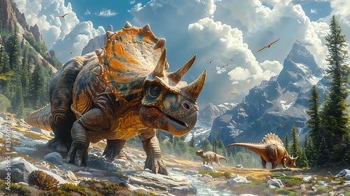 adult Protoceratops defending itself from a predator in a mountainous terrain with other dinosaurs nearby