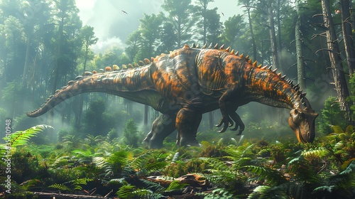 Amargasaurus walking through a dense forest with ferns and ancient trees surrounding it