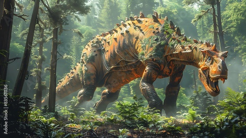 Amargasaurus walking through a dense forest with ferns and ancient trees surrounding it and other dinosaurs nearby