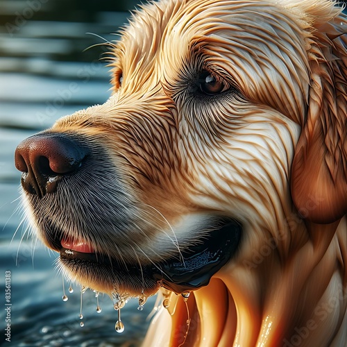 Portrait of wet golden retriever dog's face after getting out of water, graphic illustration image generative ai