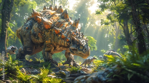 Ankylosaurus defending itself from a predator in a dense forest with other dinosaurs photo