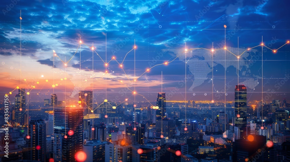 Fototapeta premium Analyzing financial investment plan in relation to economic growth. Global network data banking analytics