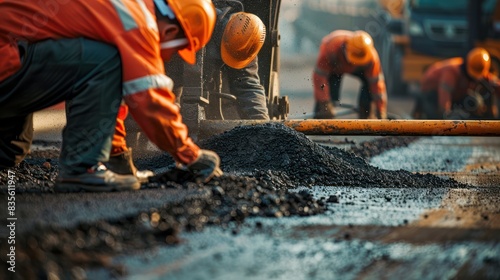 Asphalt road repair work by workers in orange uniforms