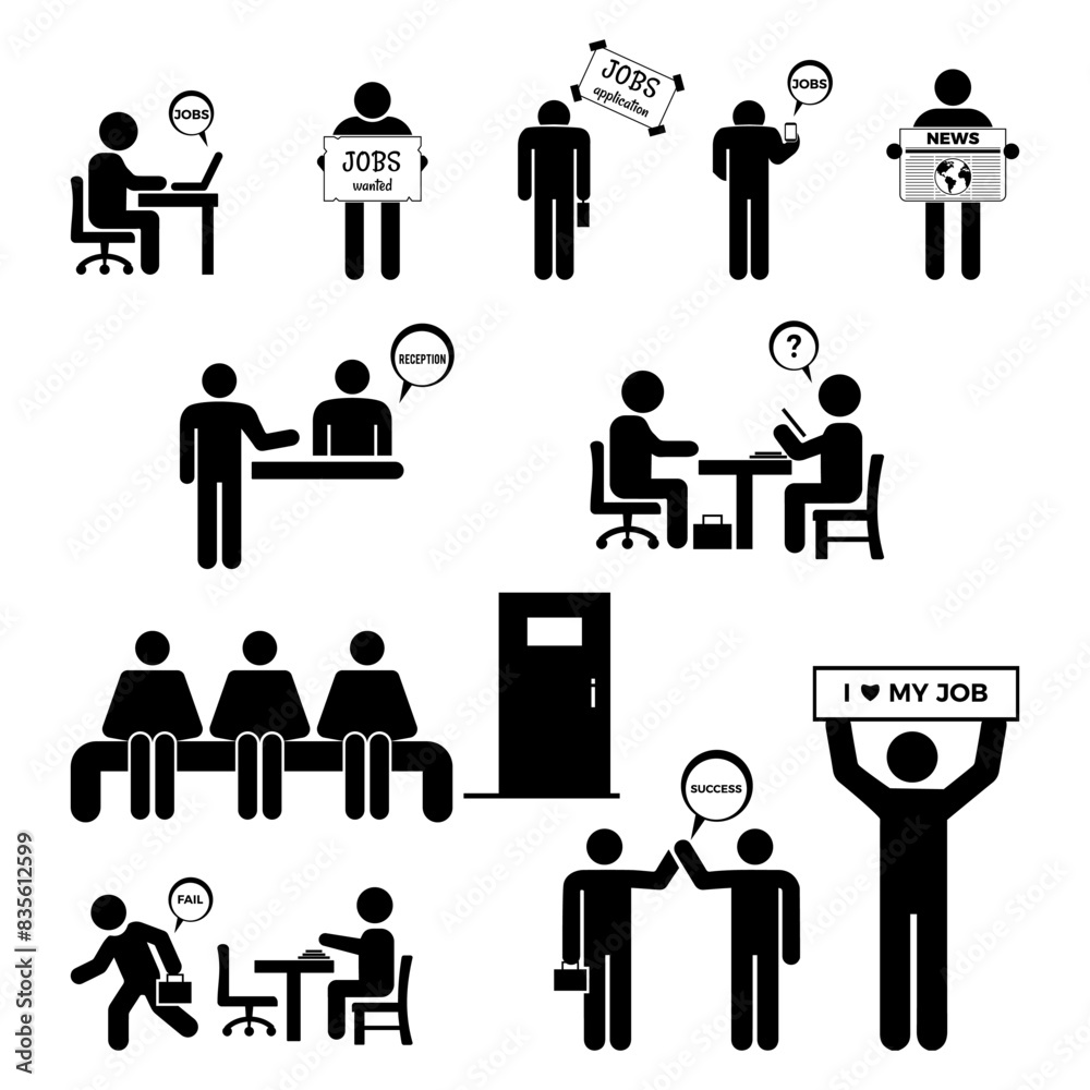 Fototapeta premium Job recruitment icon set. Containing job interview, vacancy, employment, looking for job and hiring employee icons. Eps10 vector illustration