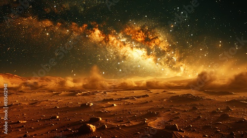 artistic rendition of the Milky Way galaxy from the surface of Mars with Martian dust devils swirling across the landscape