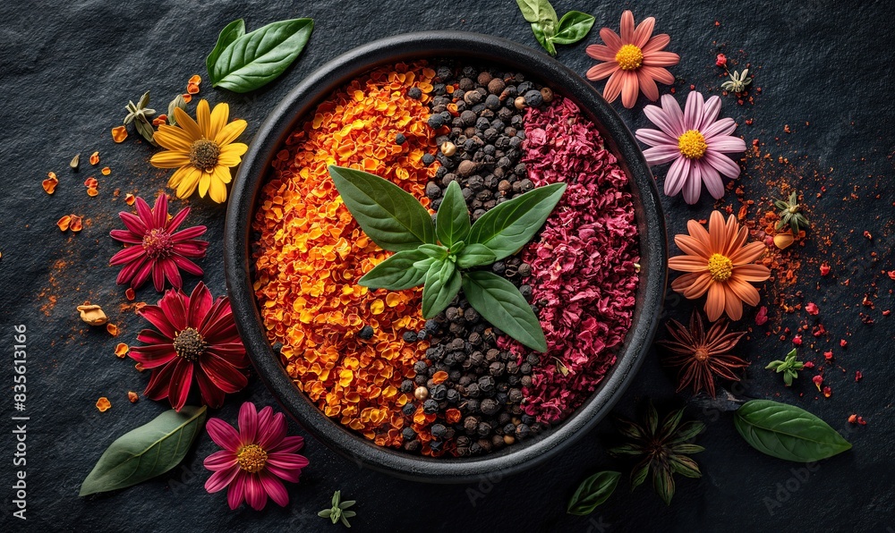 Colorful Spices and Flowers on Dark Surface