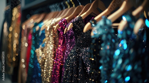 Luxurious evening dresses in sequins on hangers in the fitting room. Generation AI photo