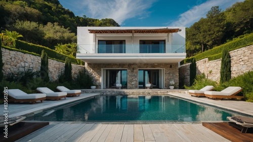 A cinematic shot of a beautiful white villa with lush green surroundings and stone wall facade