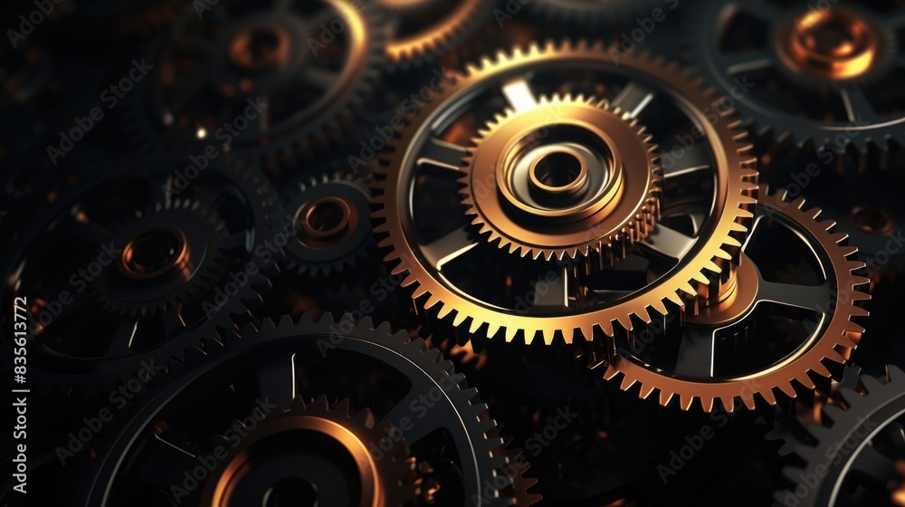 Abstract 3D gears on dark background. Concept of gear mechanics and cog mechanics. Digital polygonal mesh with points, lines and shapes. mechanical engineering wireframe Abstract 3D gears on dark background. Concept of gear mechanics and cog mechanics. Digital polygonal mesh with points, lines and shapes. mechanical engineering wireframe