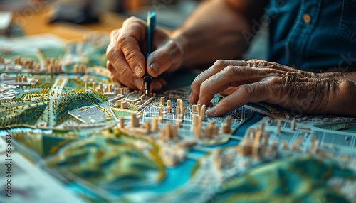 City planner working on a detailed 3D city model, using a pen to highlight urban elements like buildings, roads, and parks in a well-lit, organized workspace