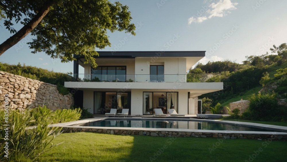 A cinematic shot of a beautiful white villa with lush green surroundings and stone wall facade A cinematic shot of a beautiful white villa with lush green surroundings and stone wall facade