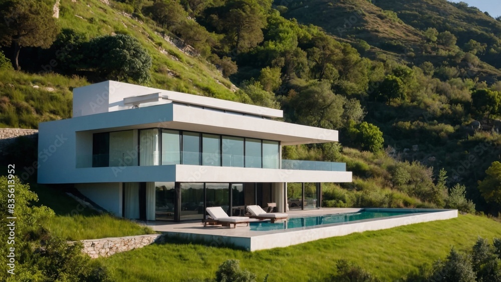 A cinematic shot of a beautiful white villa with lush green surroundings and stone wall facade A cinematic shot of a beautiful white villa with lush green surroundings and stone wall facade
