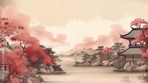 Ancient painting of Japanese style courtyard riverside scenery photo