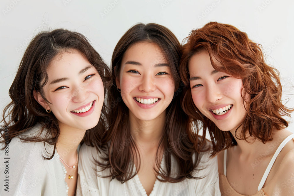 Three Happy Young Asian Women with Different Hairstyles Smiling Together in a Bright, Casual Setting Three Happy Young Asian Women with Different Hairstyles Smiling Together in a Bright, Casual Setting