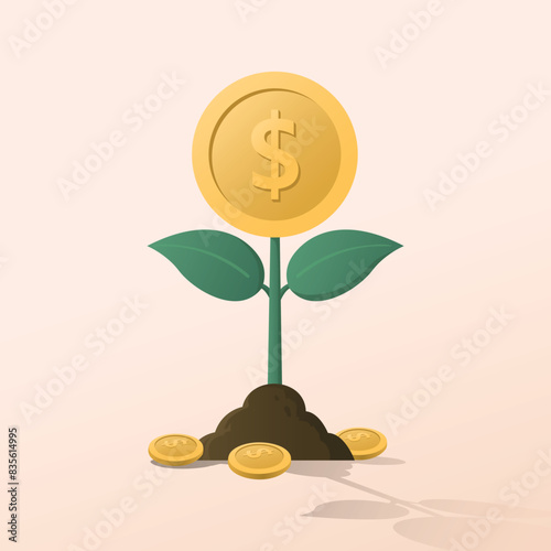Concept of financial growth, increase in wealth and investment, money plant growing in soil with a gold coin at the top of the stem and coins scattered around