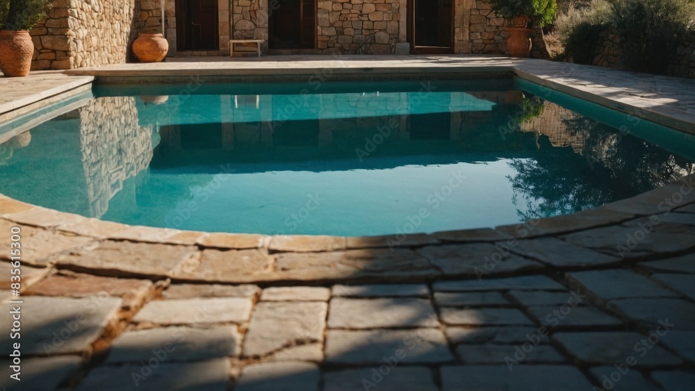 A cinematic shot of a the pool at a beautiful villa with stone walls on the ground level